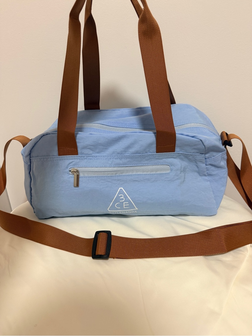 3CE Light Blue Travel Duffel Bag with Brown Straps Shoulder 2-Ways Bag